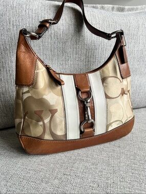 Coach Tan and Cream Signature Canvas Shoulder Bag with Leather Trim